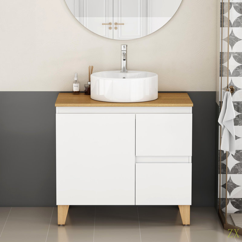 Ensemble de meuble-lavabo moderne de 31,5 po avec lavabo combiné, 1 porte et 2 grands tiroirs, système de cloisonnement doux, conception sans poignée, comptoir et pieds en bois massif naturel, lavabo rond en céramique sur le comptoir