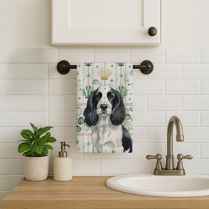 Black and White English Springer Spaniel Coastal Sea Glass Kitchen Towel, Black and White English Springer Spaniel