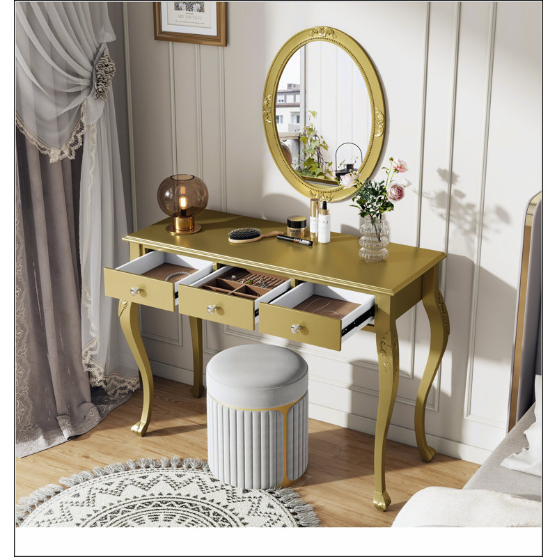 Luxury Makeup Vanity Desk with Oval Mirror, 3-Drawer Dressing Table for Jewelry Storage, Elegant Console Table for Entryway, Living Room & Bedroom, Stylish Home Decor,Gold