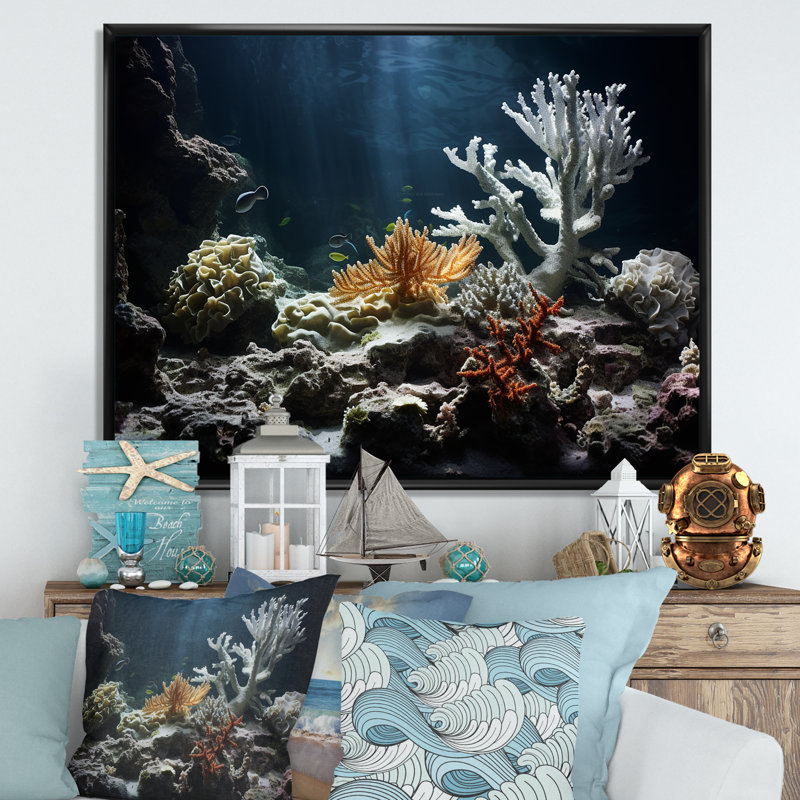 Impression d'art sur toile, "Deep Light On Coral Hidden Treasures III" - Plage et océan, Cadre flottant noir