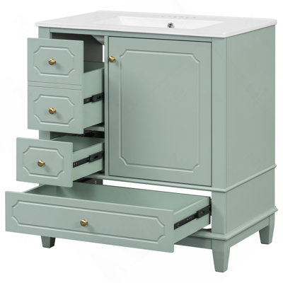 Meuble-lavabo de 30 po avec lavabo, meuble-lavabo autoportant vert avec lavabo en céramique, structure en bois massif, porte à fermeture en douceur, 3 tiroirs, panneau de fibres à densité moyenne peint et bois d'hévéa, tablettes de rangement incluses