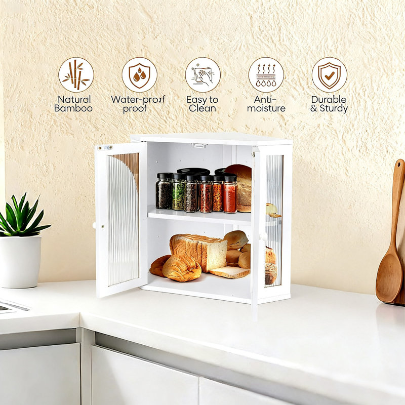 Corner Bread Box for Kitchen Countertop, Double Layer Bamboo Bread Storage Container, Large Capacity Bread Holder with 3 Adjustable Height for Counter, Breadbox Organizer, (White)
