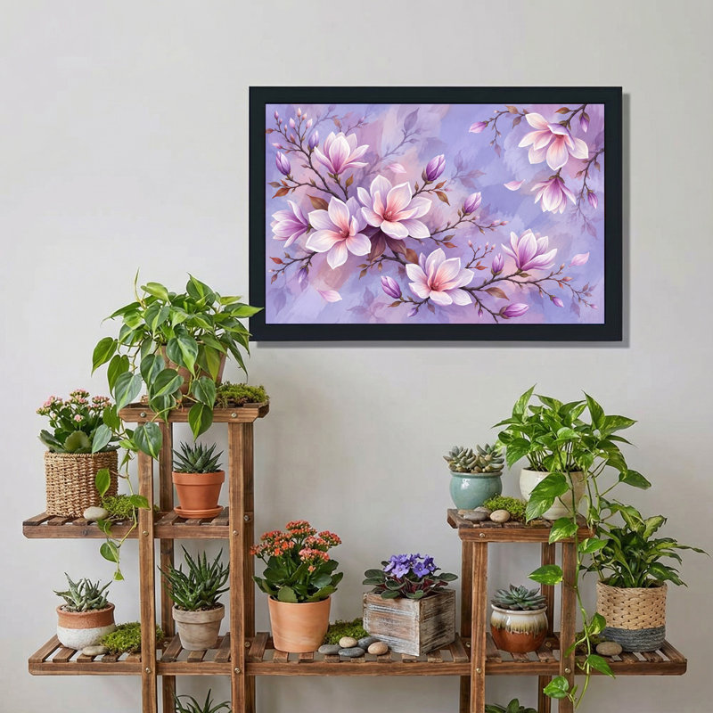 Fleurs de magnolia roses et blanches sur fond violet clair, tableau mural sur toile, H 12 po x l 18 po