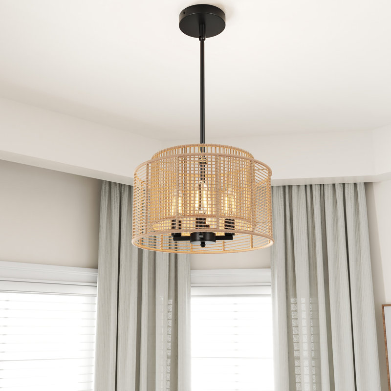 Arnesha 4-E12 9W Boho Rattan Farmhouse Dimmable Pendant Light Fixture