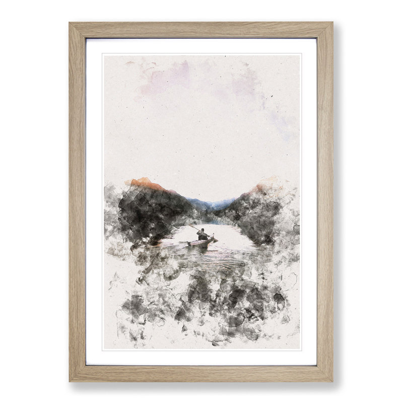 Kayaking Through the Mountains - Picture Frame Painting Print, 63cm H x 45cm W x 2cm D, Oak Framed