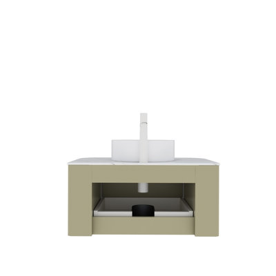 Meuble-lavabo flottant avec lavabo rond en céramique, plateau en pierre frittée, armoire en contreplaqué à rayures 3D vert clair, tiroir de rangement pré-assemblé et glissières à fermeture en douceur.