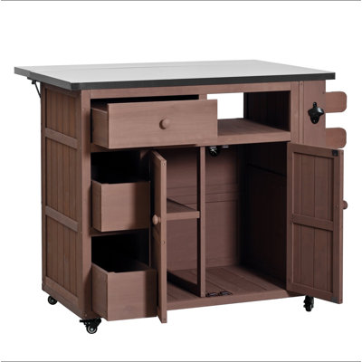 Outdoor Solid Wood Extendable 19.3''/28'' Kitchen Island, Stainless Steel Top Grill Table with Side Spice Rack, Kitchen Cart with Drawers, Storage Cab