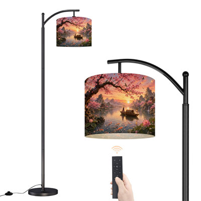  Lampe sur pied Arc Serene Lake Cherry Blossoms Fisherman Boat Sunset