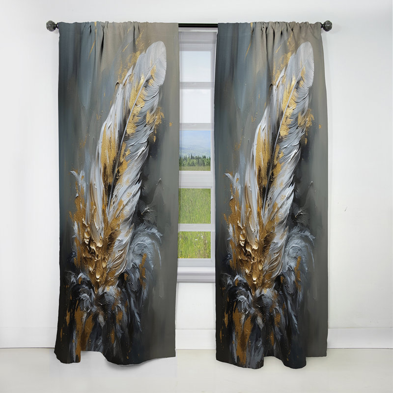 Gold Boho Chic Feathers IV - Glam Feather Curtain - Blackout Floral Curtain - 1 Panels, 52" W x 120" L