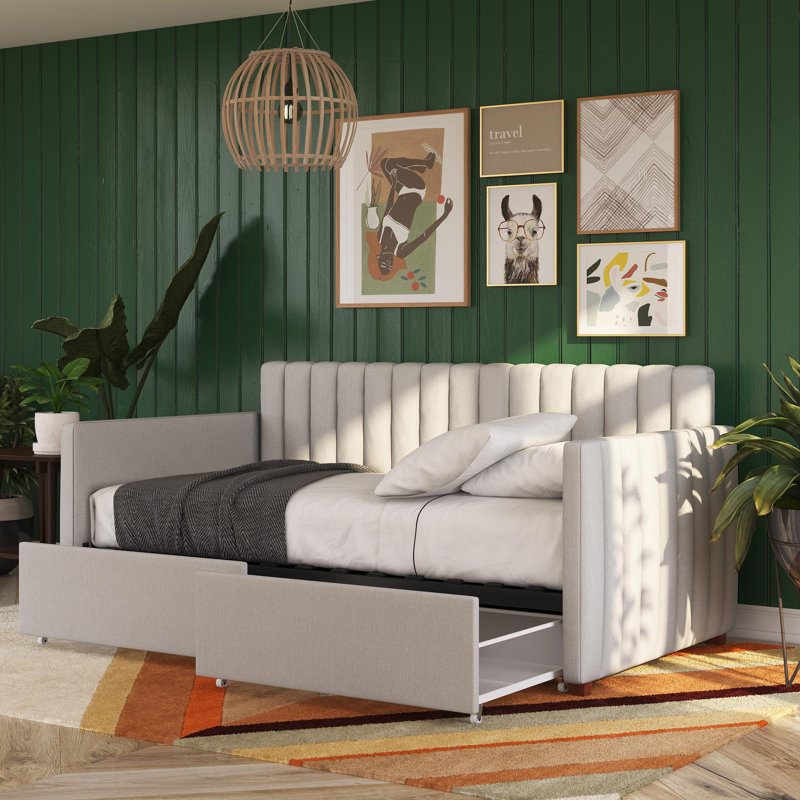 Twin Gray Linen Upholstered Daybed with Storage Drawers