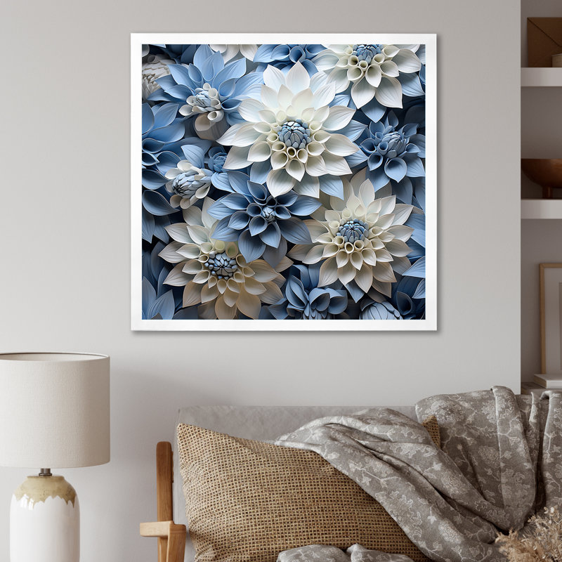 «Blue and White Dahlia Blossom Delight II», reproduction sur toile, H 24 po x l 24 po x P 1 po, Cadre simple blanc