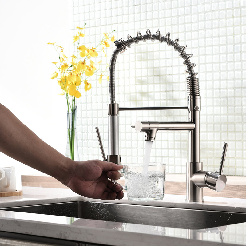 Robinet de cuisine rétractable à poignée simple en nickel brossé, rotation à 360 degrés, structure commerciale stable avec douchette, option de rotation