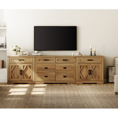 Glenford 110.2"W Large Modern Farmhouse Accent Cabinet With Barn Doors & Drawers, Scratch-Resistant Tree Bark