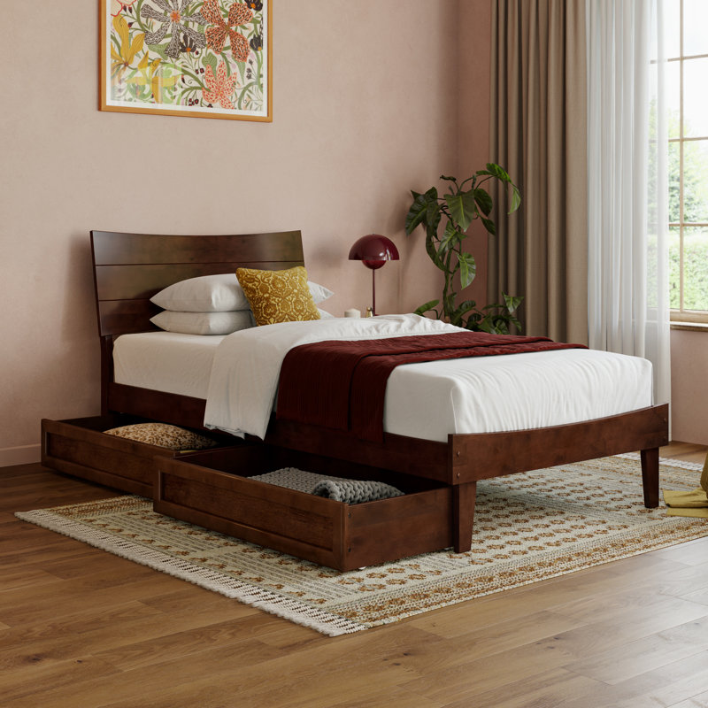 Phoenix Wood Platform Bed with Storage Drawers, Walnut, Twin XL