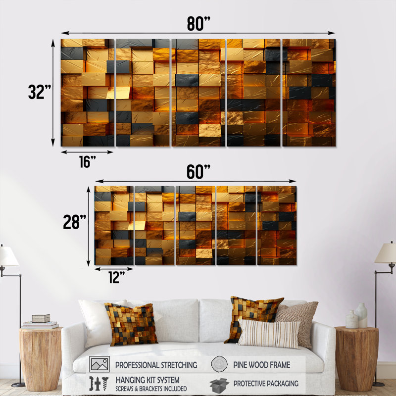 «Grunge Gold Cubes Abstract Geometric IV - Abstract Geometric», toile d'art 5 pièces, H 28 po x l 60 po