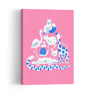 Pink Animal Collage Contemporary Bird Crocodile Flamingo Forest Wall Art Print