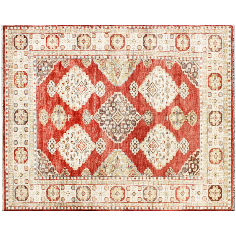 Tapis rouille et beige en laine noué à la main - motif de médaillon géométrique traditionnel fait à la main