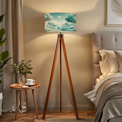  Lampe trépied sur pied paysage de rêve onirique avec bulles, Rolling Hills, tons bleus doux, lampe sur pied à DEL à intensité variable avec pieds en bois de hêtre et abat-jour en lin amovible pour salon et chambre à coucher