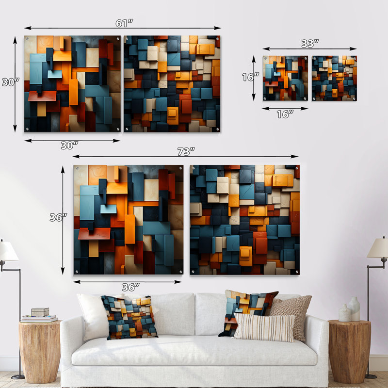 Cubist Harmony Tones Collage - Ensemble de 2 verres muraux en acrylique Cubism, H 16 po x l 33 po