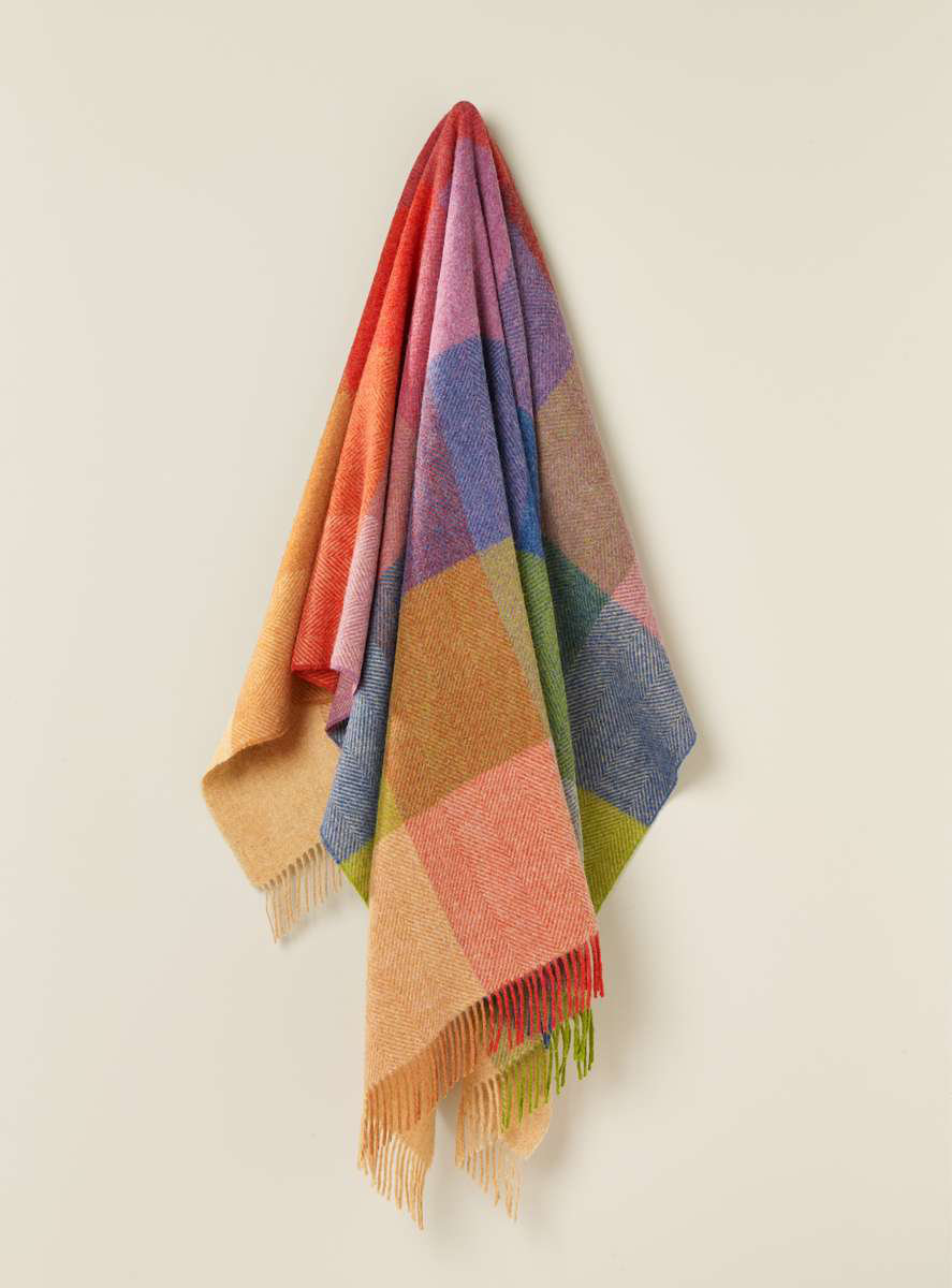 Shetland Wool Throw/Blankets Hand Woven Blanket, Blue/Green/Red/Orange Geometric
