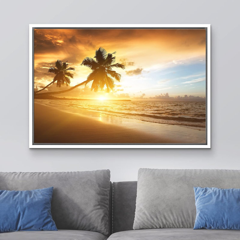 «Coastal Beach Palm Tree Duo with Sunset Beach», horizon, paysage naturel, photographie, art moderne, rustique