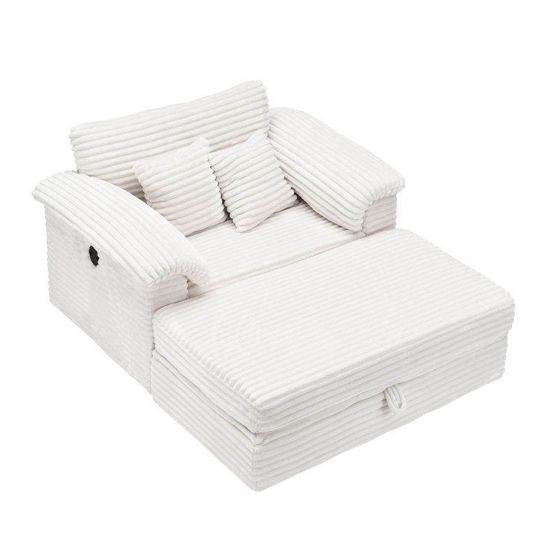 47.24" Corduroy Upholstered Sofa With Storage Ottoman, White