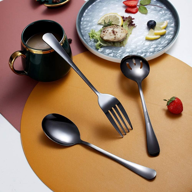 Ensemble d'ustensiles de service 10 pièces en acier inoxydable - comprenant une cuillère à rainure, une cuillère de service, une desserte à gâteaux, une fourchette et une louche à soupe - Couverts élégants pour les repas et les réceptions