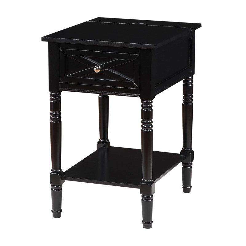 Lirette 25" Tall End Table with 1 Drawer and Built in Outlets, Black