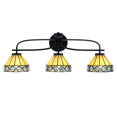 Ameliah Cavella 3 Light Bath Bar Shown In Matte Black Finish With 7" Diamond Peak Art Glass