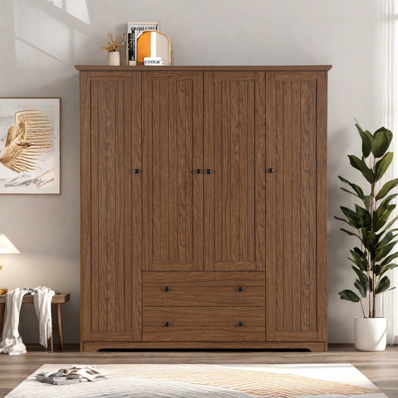 Armoire penderie 4 portes avec 2 tiroirs, Brun