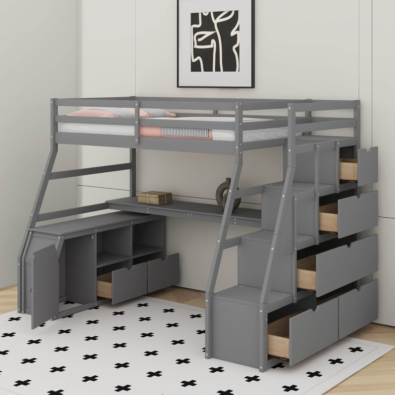 Lit mezzanine simple avec tiroirs, tablettes et bureau, Gris