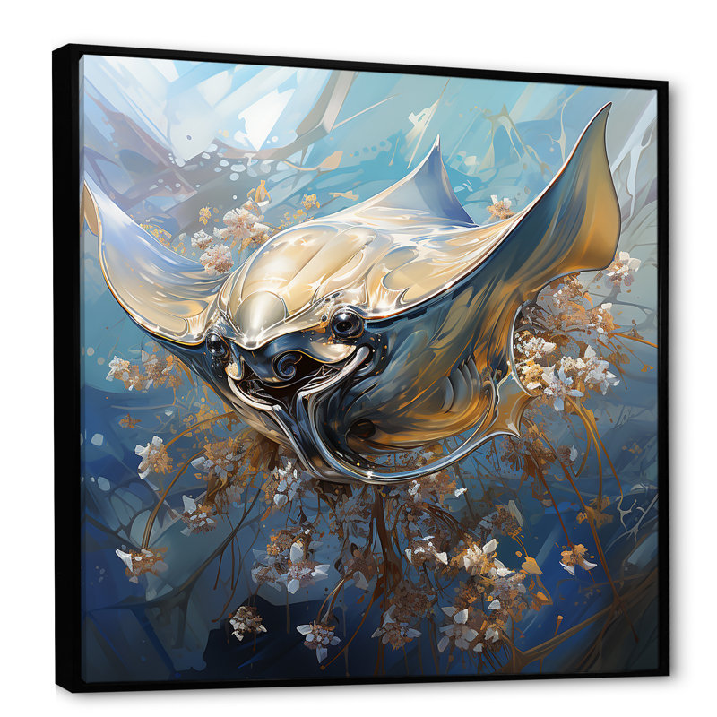 Manta Ray Dance 2 - art mural animaux côtiers, Cadre flottant noir, H 30 po x l 30 po x P 1,5 po