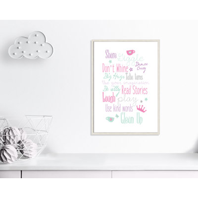 «Feathers in Turquoise Girls Play Room Rules», art encadré