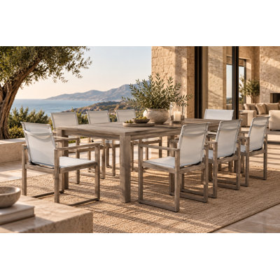 Ensemble de salle à manger d'extérieur rectangulaire Joly 9 pièces pour 8 personnes, 221 cm (87 po) – Table brun foncé avec 8 fauteuils en maille à séchage rapide et pieds en bois massif