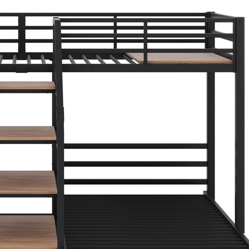Metal Triple Bunk Bed With Storage Shelves Staircase, Black
