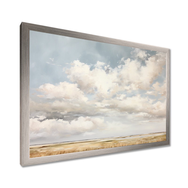 Nuage blanc paysage minimaliste - décoration murale nuages, Cadre argenté, H 16 po x l 32 po x P 1 po
