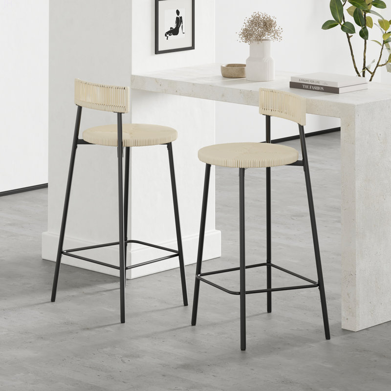 Ensemble de 2 tabourets de comptoir, tabourets de bar en corde de papier tissés à la main Boho, Blanc crémeux
