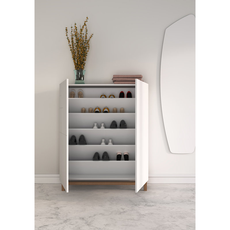 18 Pair Shoe Storage Cabinet, White/Walnut