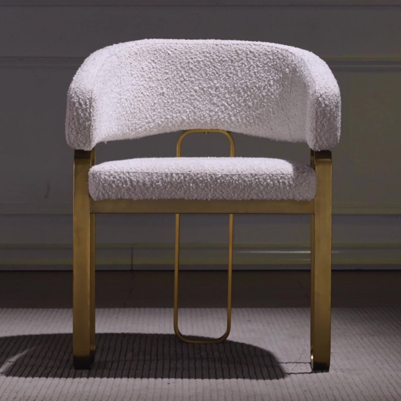 Boucle Barrel Dining Side Chairs With Arms, Brass, White