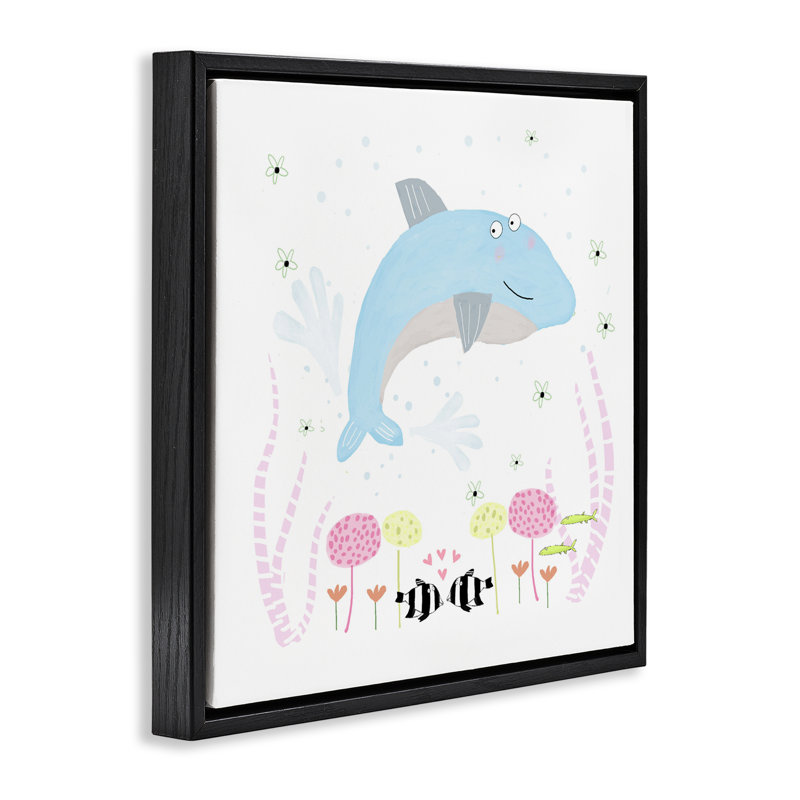 Cadre flottant bébé dauphin et fleurs, design par Carla Daly, H 25 po x l 25 po, Cadre flottant noir de jais