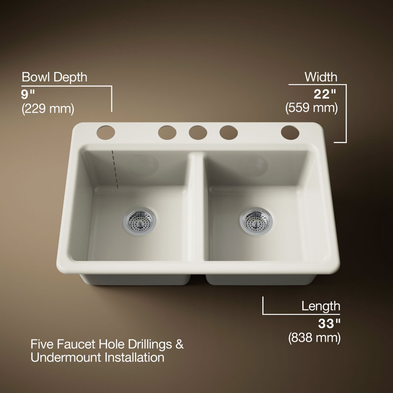 Riverby® 33" undermount double-bowl workstation kitchen sink, Biscuit