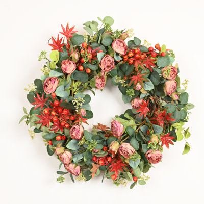 Couronne de 26 po avec récolte d'automne artificielle, eucalyptus, baies d'érable et roses, porte d'entrée, décor de l'Action de grâce