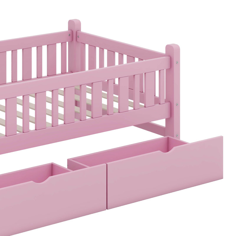 Lit plateforme simple avec garde-corps et 2 tiroirs, Rose
