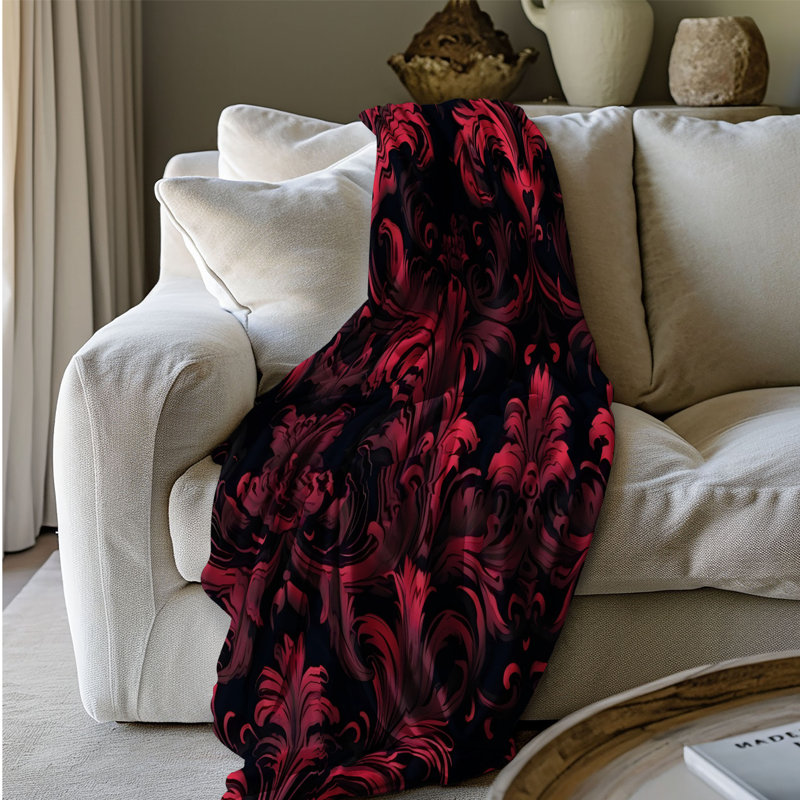 Couverture en sherpa de qualité supérieure Crimson Damask - 1 pièce, L 80 po x l 60 po