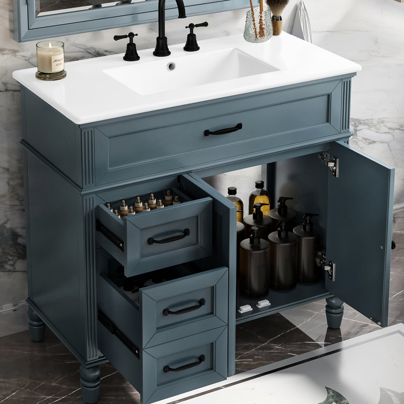 Meuble-lavabo de 36 pouces, bleu, structure en bois massif, planches, lavabo encastré en céramique, armoire avec portes, tiroirs pour rangement d'articles, cercle de débordement en métal, instructions d'assemblage
