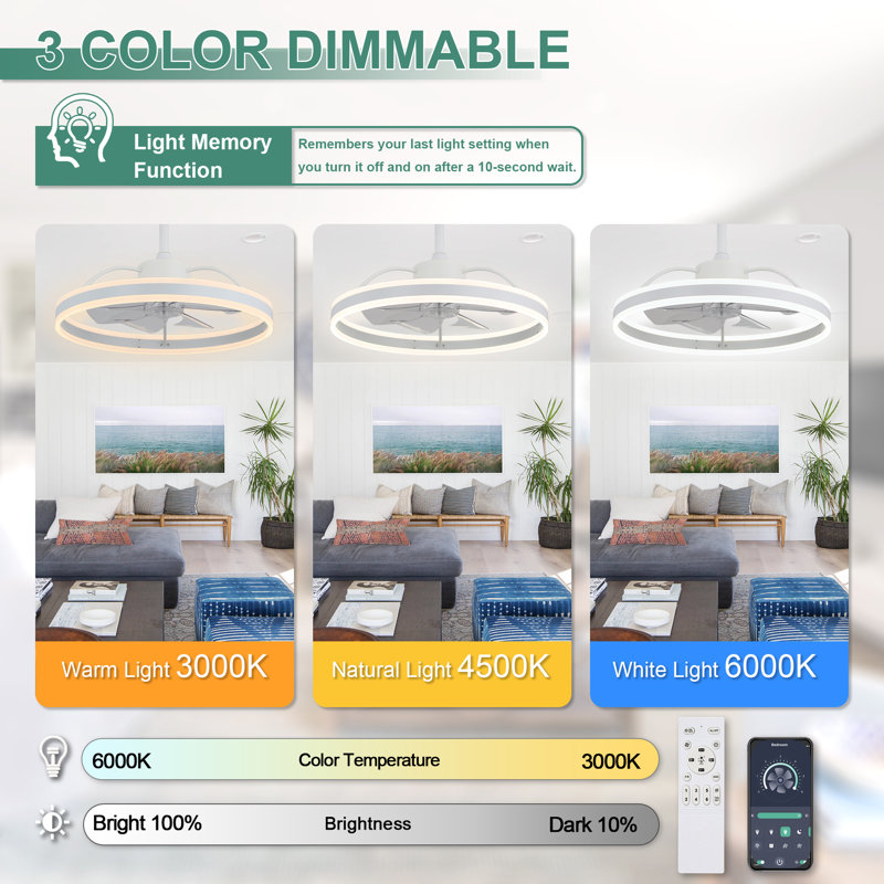 Ventilateurs de plafond intelligents de 24 pouces avec lumières et contrôle de l'application, ventilateur de plafond moderne à 6 vitesses à intensité variable pour chambre à coucher