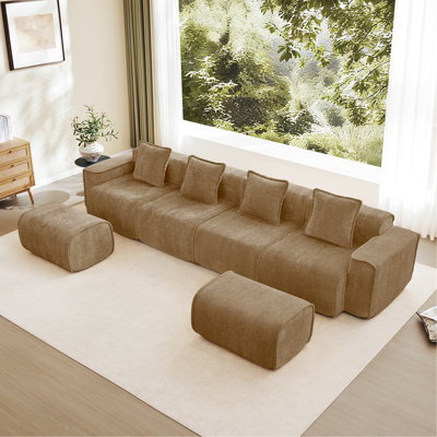 Streamlined Design Modular 4 Seat U Shape Sectional Boneless Sofa With French Edge Piping, No Assembly Required,4-Seat Sofa Couch With Throw Pillows And 2 Movable Ottomans, Velvet Fabric