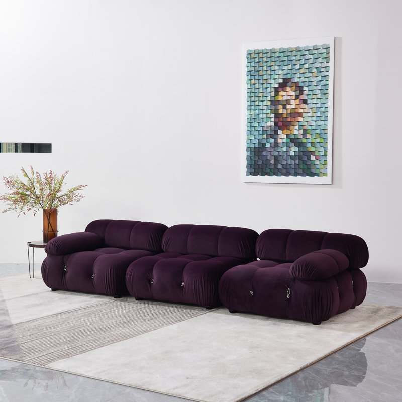Purple Velvet Upholstered Sofa with Ottoman and Wood Frame