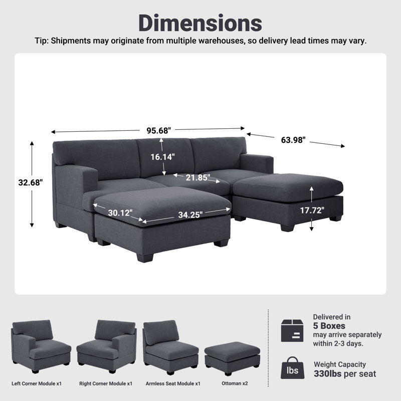 Canapé modulaire rembourré 95 places pour salon 95,68 ", Mélange de polyester BlueGray, H 32,68 po x l 95,68 po x P 63,98 po