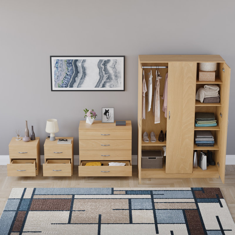 Tayce 4 Piece Bedroom Set (2 Drawer Bedside Chest X2, 4 Drawer Chest, 3 Door Wardrobe), Tan